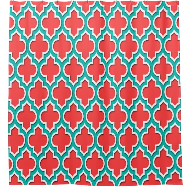 Coral Red Teal White XL Moroccan #4DS Shower Curtain (Front)