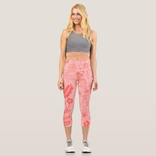 Coral Red Tropical Floral Pattern  Capri Leggings