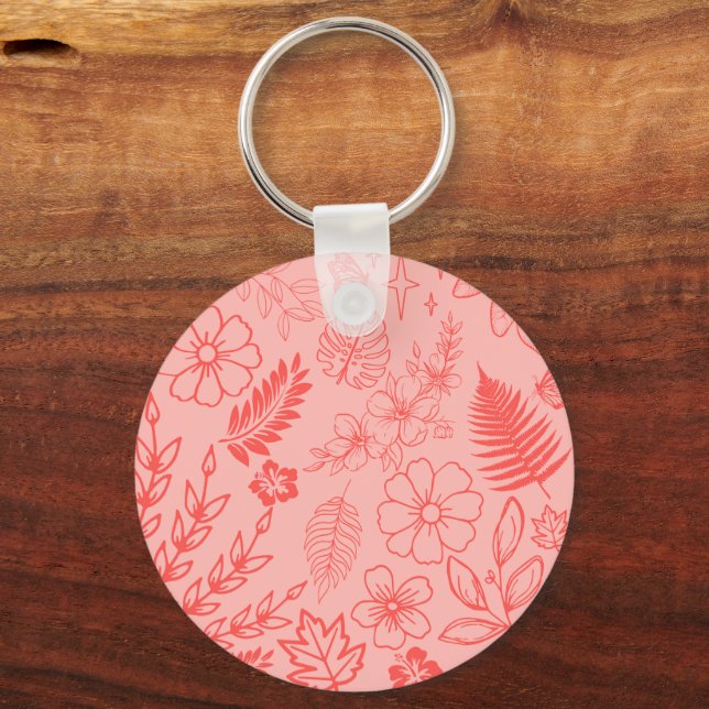 Coral Red Tropical Floral Pattern  Key Ring (Front)