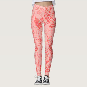Coral Red Tropical Floral Pattern Leggings