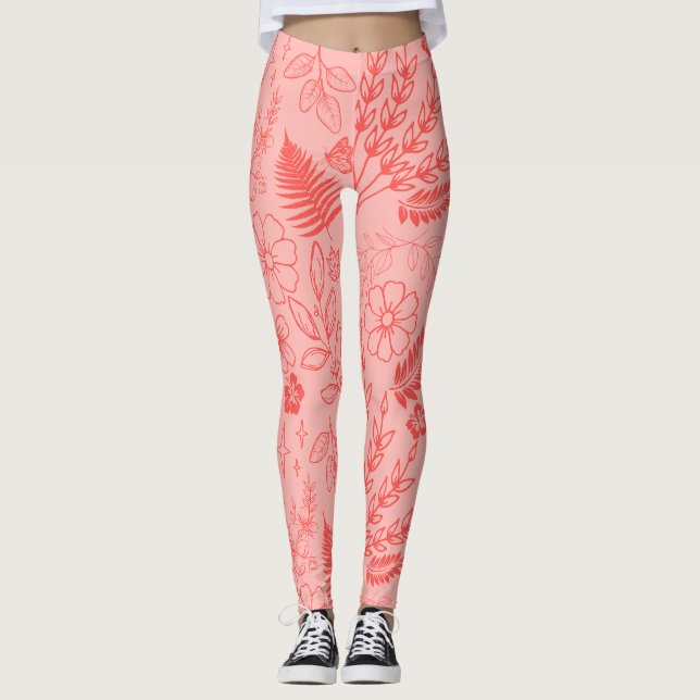 Coral Red Tropical Floral Pattern  Leggings (Front)