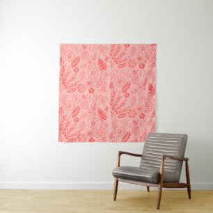 Coral Red Tropical Floral Pattern Tapestry