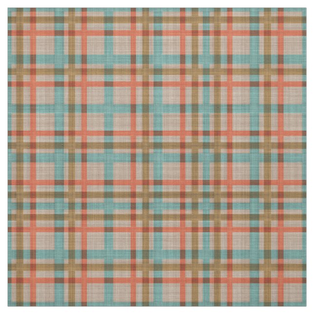 Coral Red Turquoise Diamond Argyle Plaid Pattern Fabric (Swatch)