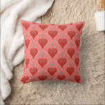 Coral red vintage Christmas heart ornaThrow Pillow<br><div class="desc">Original pattern design in modern red coral colours with vintage heart ornaments and background decoarted with tiny stars and snowflakes.</div>