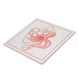 Coral-red Vintage Nautical Octopus Tile