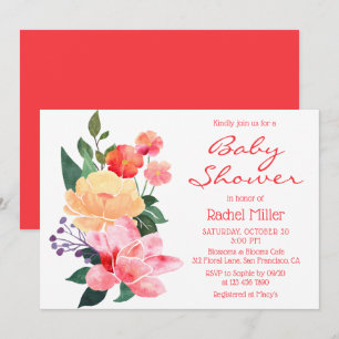 Coral Red Watercolor Floral Baby Shower Invitation
