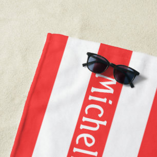 Coral Red White Cabana Stripes Beach Towel