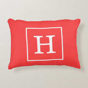 Coral Red White Framed Initial Monogram Decorative Cushion