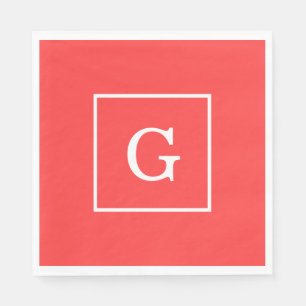 Coral Red White Framed Initial Monogram Napkin