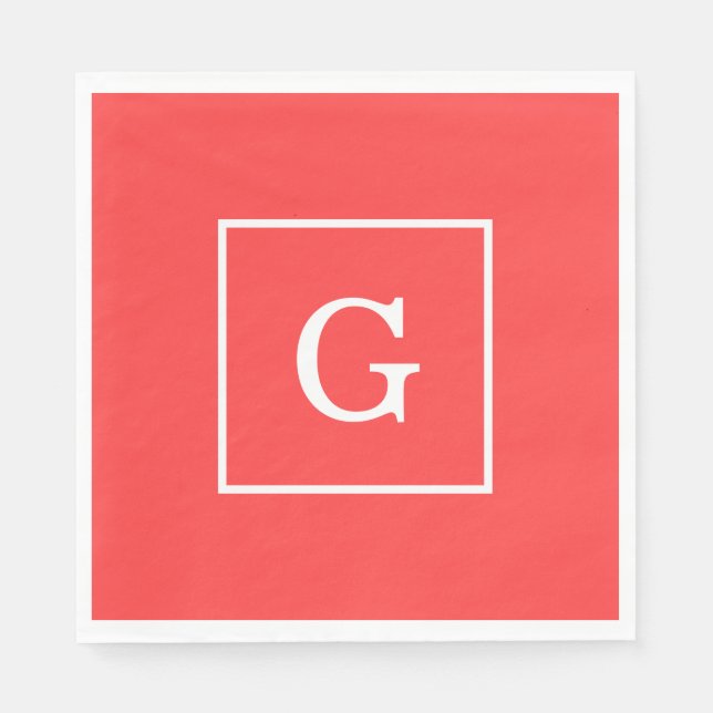 Coral Red White Framed Initial Monogram Napkin (Front)