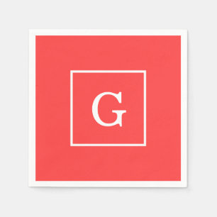 Coral Red White Framed Initial Monogram Napkin