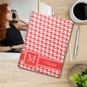 Coral Red White Houndstooth Modern Monogram Notebook