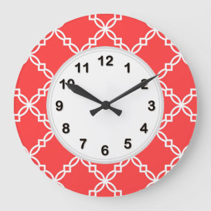 Coral Red White Large Fancy Quatrefoil Pattern Clock