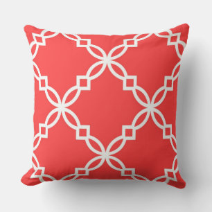 Coral Red White Large Fancy Quatrefoil Pattern Cushion