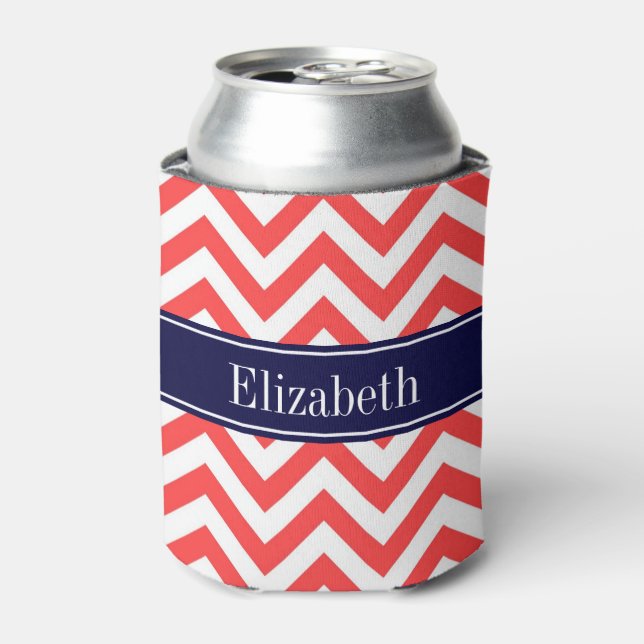 Coral Red White LG Chevron Navy Blue Name Monogram Can Cooler (Can Front)