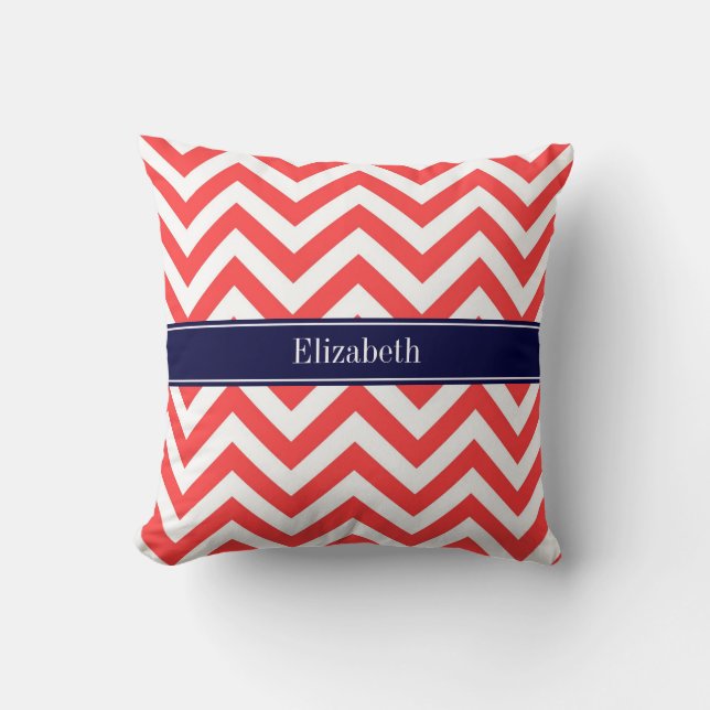 Coral Red White LG Chevron Navy Blue Name Monogram Cushion (Front)