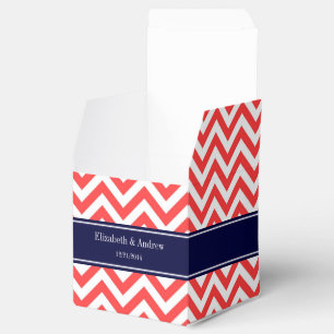 Coral Red White LG Chevron Navy Blue Name Monogram Favour Box