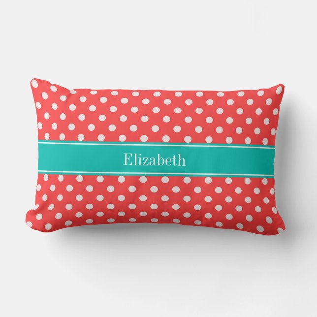 Coral Red, White Polka Dots Teal Name Monogram Lumbar Cushion (Front)