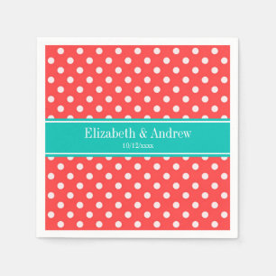 Coral Red, White Polka Dots Teal Name Monogram Napkin