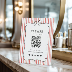 Coral Red White Stripe Vintage Bow QR Code Review Pedestal Sign