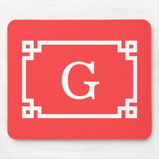 Coral Red Wht Greek Key Frame #2 Initial Monogram Mouse Mat (Front)