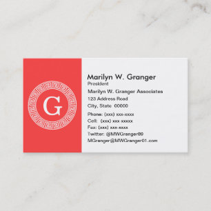 Coral Red Wht Greek Key Rnd Frame Initial Monogram Business Card