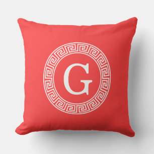 Coral Red Wht Greek Key Rnd Frame Initial Monogram Cushion