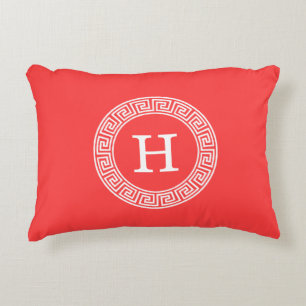 Coral Red Wht Greek Key Rnd Frame Initial Monogram Decorative Cushion