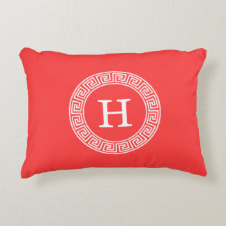 Coral Red Wht Greek Key Rnd Frame Initial Monogram Decorative Cushion