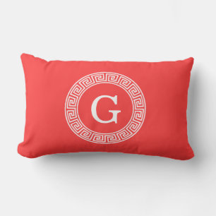 Coral Red Wht Greek Key Rnd Frame Initial Monogram Lumbar Cushion