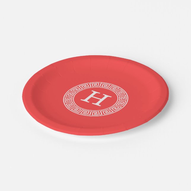 Coral Red Wht Greek Key Rnd Frame Initial Monogram Paper Plate (Angled)
