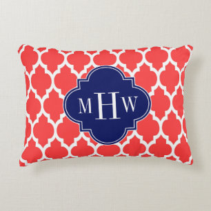 Coral Red Wht Moroccan #4 Navy Name Monogram Decorative Cushion