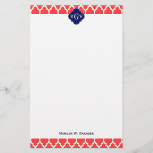 Coral Red Wht Moroccan #4 Navy Name Monogram Stationery