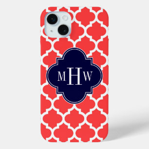 Coral Red Wht Moroccan #5 Navy 3 Initial Monogram iPhone 15 Mini Case