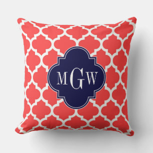 Coral Red Wht Moroccan #5 Navy 3 Initial Monogram Cushion