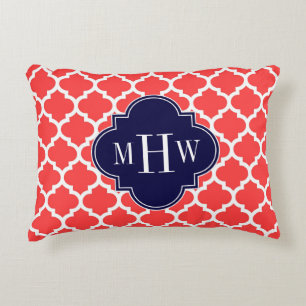 Coral Red Wht Moroccan #5 Navy 3 Initial Monogram Decorative Cushion