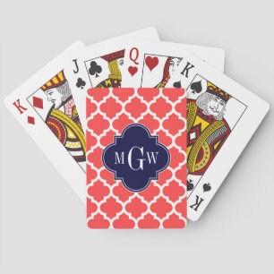 Coral Red Wht Moroccan #5 Navy 3 Initial Monogram Playing Cards