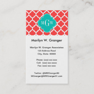 Coral Red Wht Moroccan #5 Teal 3 Initial Monogram Business Card