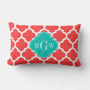 Coral Red Wht Moroccan #5 Teal 3 Initial Monogram Lumbar Cushion