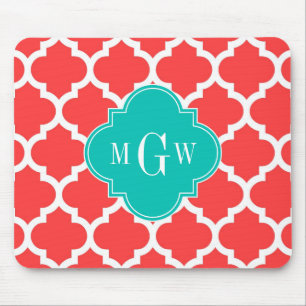 Coral Red Wht Moroccan #5 Teal 3 Initial Monogram Mouse Mat
