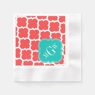 Coral Red Wht Moroccan #5 Teal 3 Initial Monogram Napkin