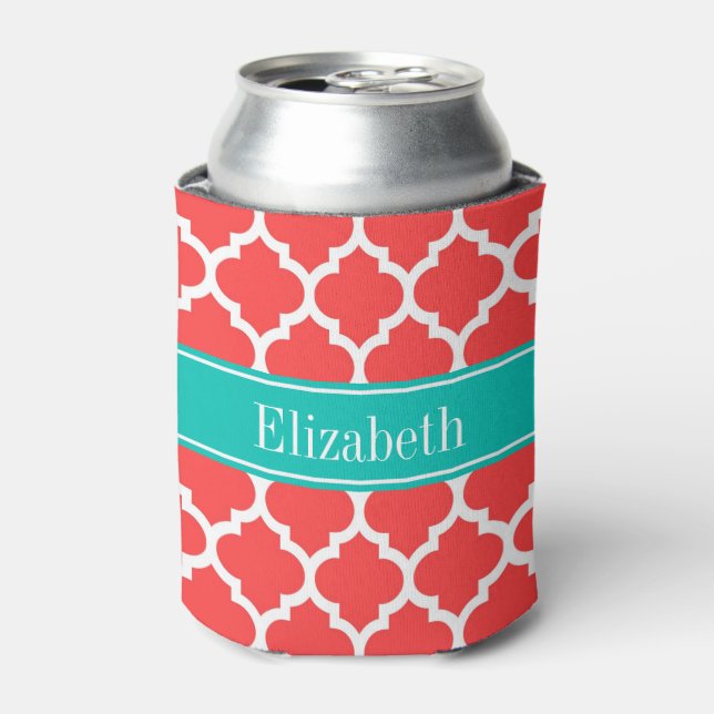 Coral Red Wht Moroccan #5 Teal Name Monogram Can Cooler (Can Front)