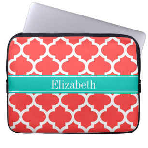Coral Red Wht Moroccan #5 Teal Name Monogram Laptop Sleeve