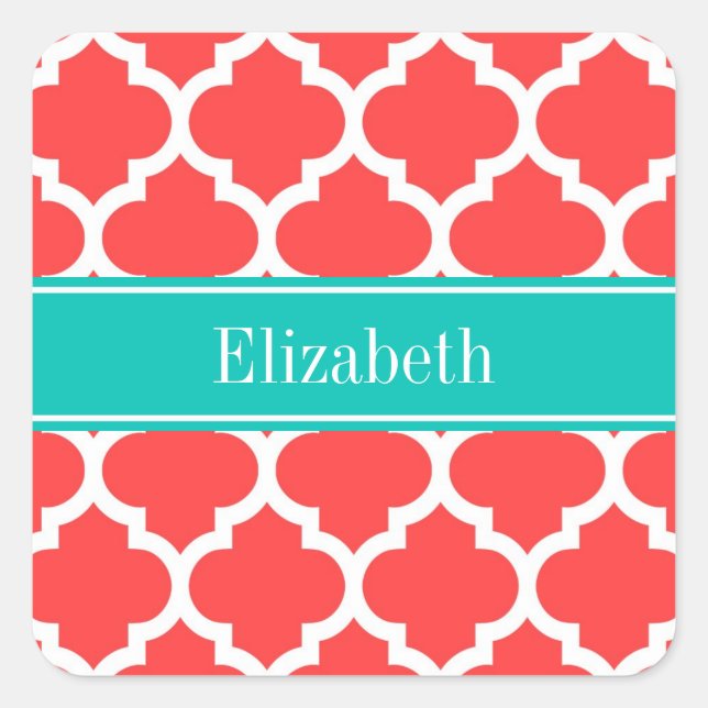 Coral Red Wht Moroccan #5 Teal Name Monogram Square Sticker (Front)