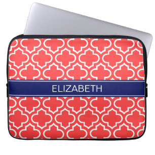 Coral Red Wht Moroccan #6 Navy Name Monogram Laptop Sleeve