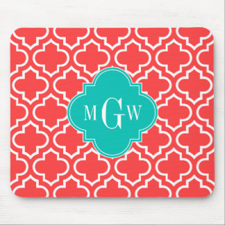 Coral Red Wht Moroccan #6 Teal Name Monogram Mouse Mat