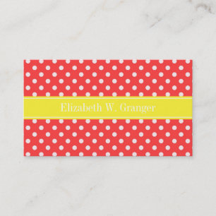 Coral Red, Wht Polka Dots Yellow Name Monogram Business Card
