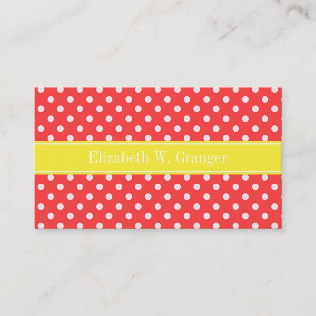 Coral Red, Wht Polka Dots Yellow Name Monogram Business Card (Front)