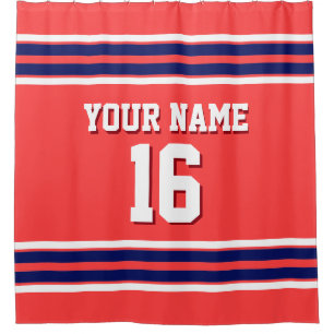 Coral Red with Navy White Stripes Sports Jersey Shower Curtain
