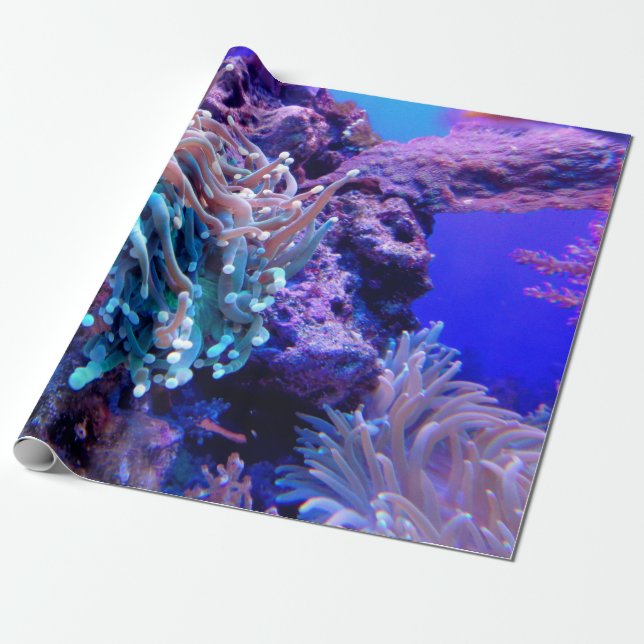 Coral reef blue purple sea anenome wrapping paper (Unrolled)